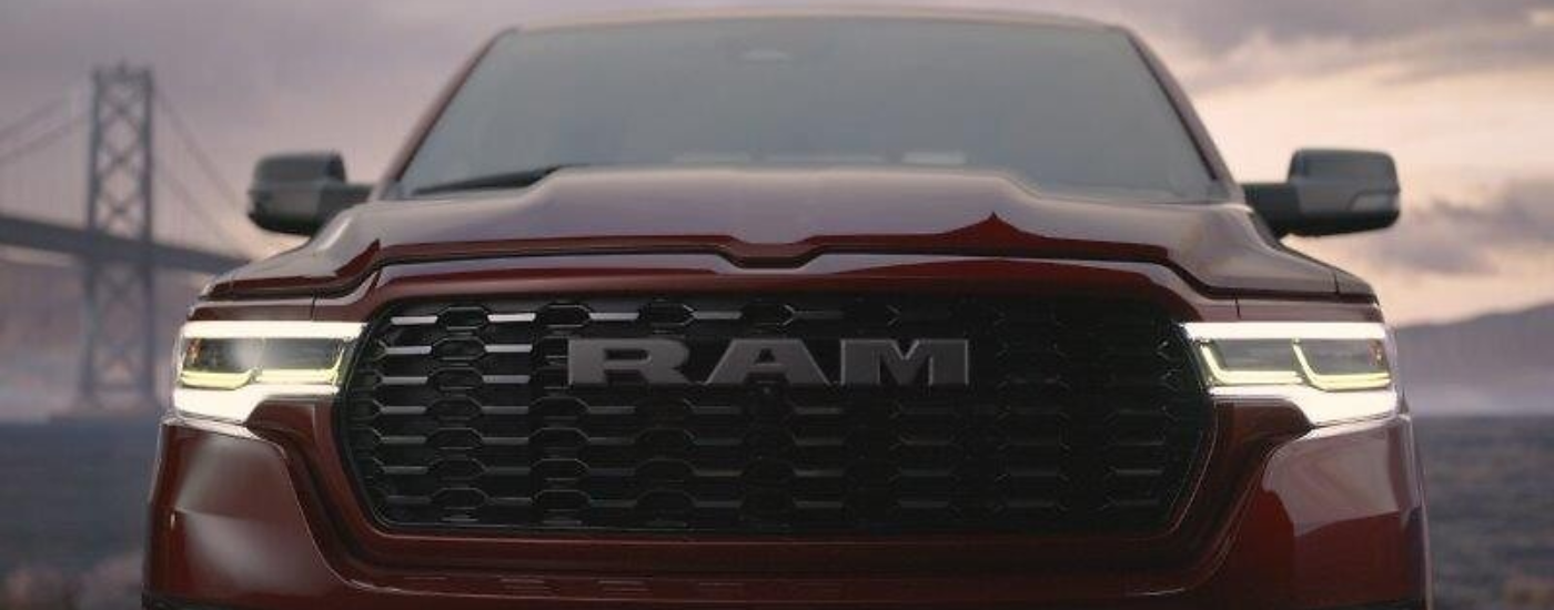Close up of the black grille of a 2026 Ram 1500